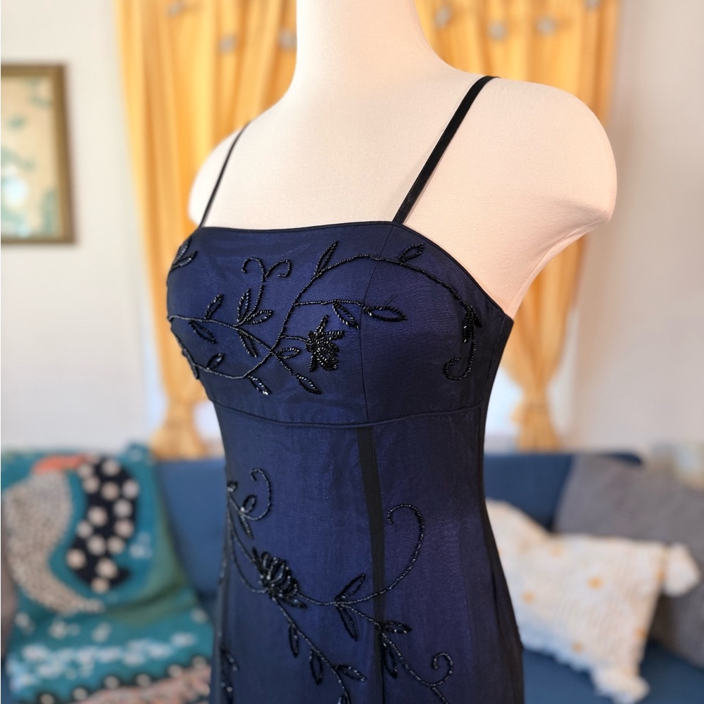Blue and Black Floral Beaded Silk Prom Dress